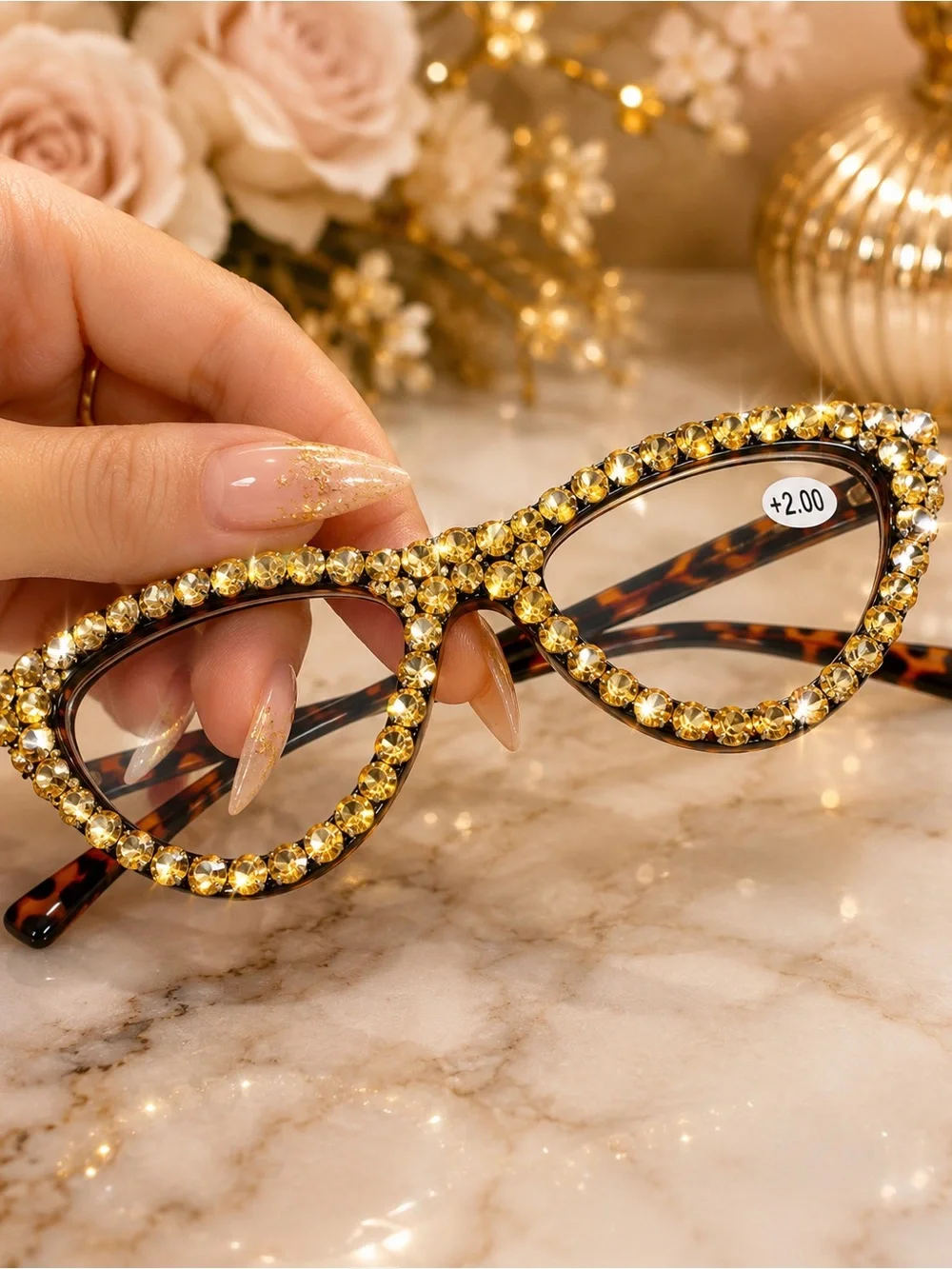 Gold Crystal Cat-Eye Reading Glasses - Sparkle Accent +2.00 strength